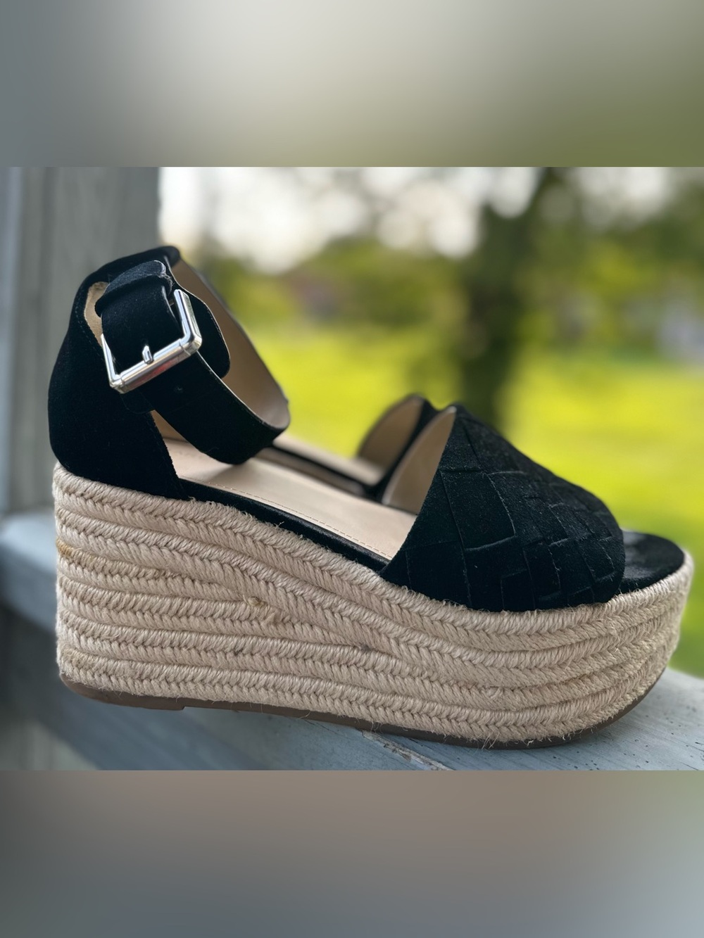 MARC FISHER 9 Black Suede Platform Wedge Espadrille Silver Buckle Sandal Jute